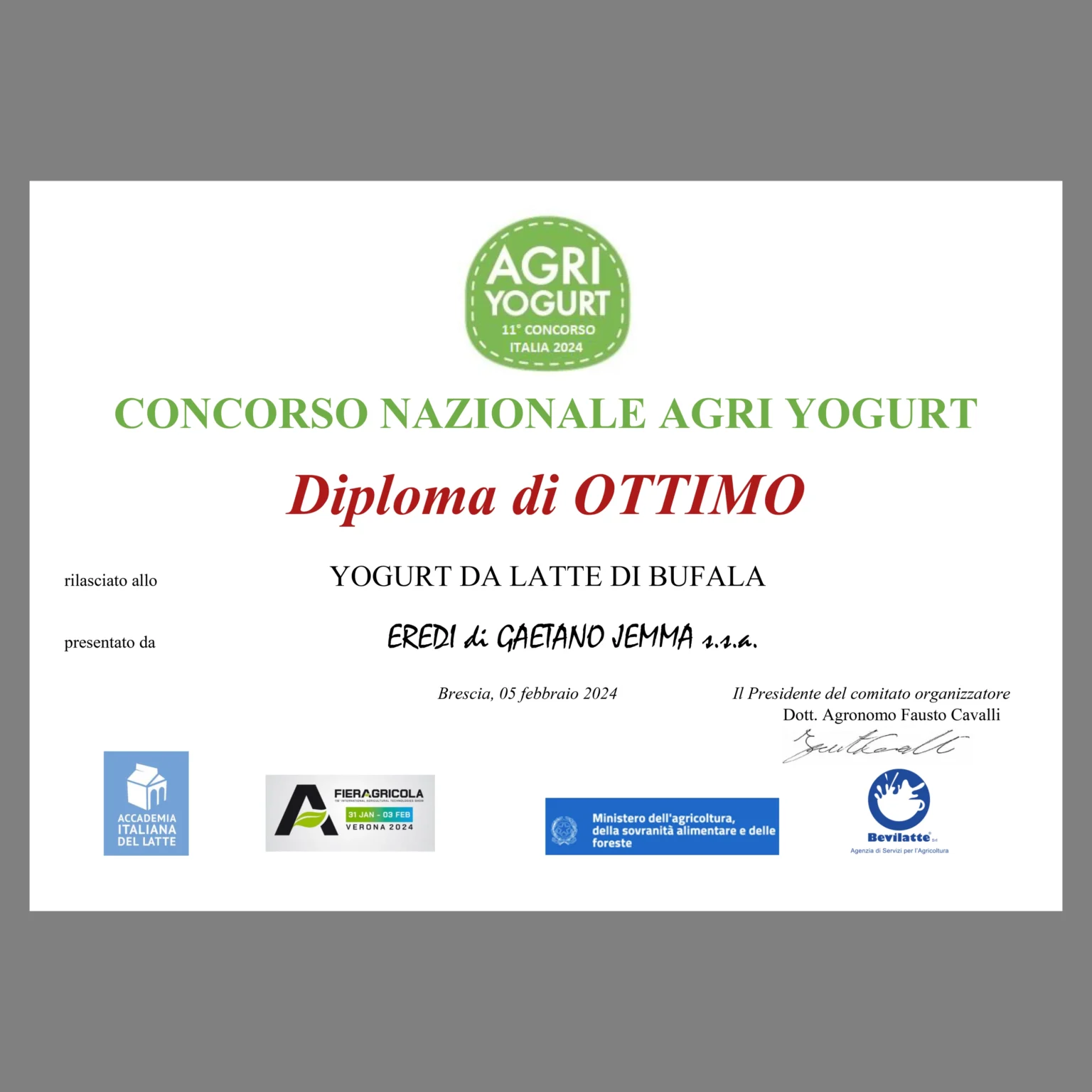 Diploma Ottimo Yogurt - AgriYogurt 2024